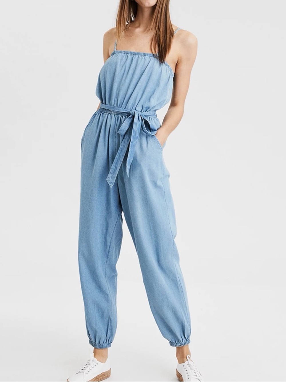 American Eagle Chambray Strapless Jumpsuit Elastic Waist Tie Front Pockets XS